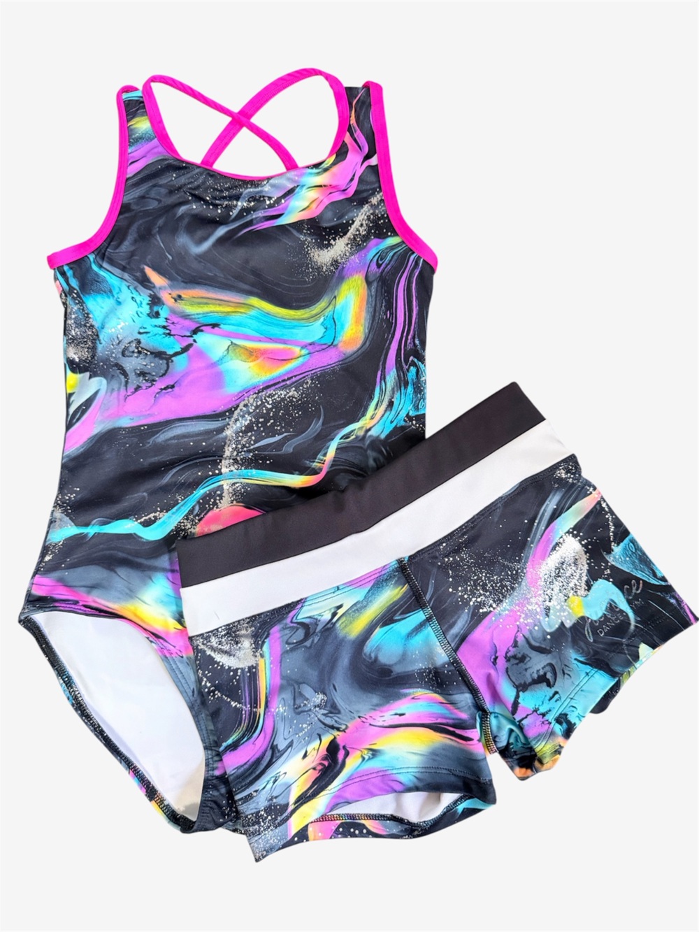 Justice Girls Gymnastic Dance Leotard and Shorts Set Size 10 Black Neon Marble